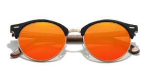 Lunettes de soleil en bois de noyer vintage rondes orange etui vue de face VF
